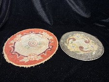 2 Antique Miniature Round Floral Hooked Rugs Made for Dollhouse picture
