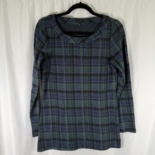 Talbots Blouse Women's XS Green Blue Plaid Long Sleeve Round Neck picture