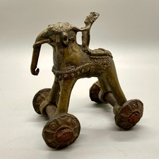 Antique Vintage Indian Dhokra Elephant and Rider on Wheels Bronze Temple Toy picture