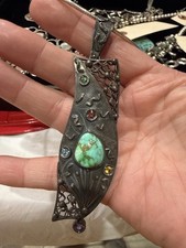 Vintage Artisan Bib Necklace Silver Turquoise Gemstone Boho Tribal Statement picture