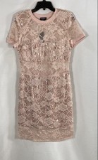 Bebe Women's Sepia Rose Lace Sequin Tee Dress Pink Floral Bodycon Sz L NWT picture