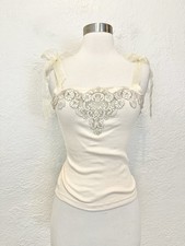 Vintage 90s Y2K Tank Top Fairycore Whimsy Cream Ivory Beaded Mesh Fairy XS/S picture