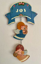 Vintage Hand Painted Wooden Christmas JOY Angel Wall Hanging, Cottage Core Tole picture