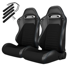 Pair Universal Racing Seats, Black PVC Leather, Reclinable w/ Sliders for Toyota picture