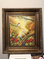 Vintage Original Oil Painting Canvas Birds Signed Cindy Ornate Gold Frame 34x32 picture