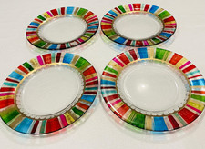 Pier 1 FESTIVE STRIPE Gold Accents Salad Plates Set of 4 Hand Blown 8.25 Inches  picture