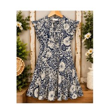 Umgee Navy Blue White Paisley Floral Tassel Mini Dress Womens Plus Size 1XL Boho picture
