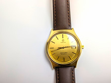 OMEGA Seamaster Quartz Date 34mm Gold Dial Gold Case Brown Leather Strap picture