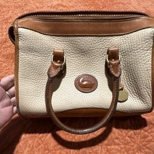 Dooney & Bourke Beige/Brown Small Satchel Zip Gold Hardware Pockets Studs Charm picture