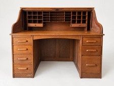 Antique Oak Roll Top Desk Executive Office Furniture Pigeonhole Organizer picture