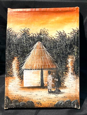 VTG Original African Tourist Village Art Oil Painting on Grain Sack Congo framed picture