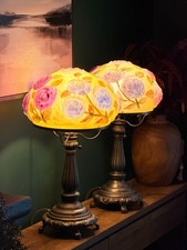 Pair Vintage Pairpoint Style Puffy Rose Reverse Painted Glass Table Lamps Floral picture