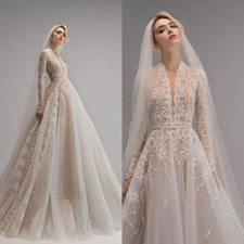 Elegant V Neck A Line Wedding Dresses Long Sleeve Lace Beaded Appliqued Bridal picture