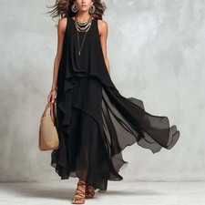 Women’s Black Chiffon Maxi Dress Sleeveless Evening Party Formal Wedding Guest picture