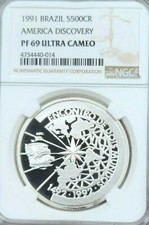 1991 BRAZIL SILVER 500 CRUZEIROS AMERICA DISCOVERY NGC PF 69 ULTRA CAMEO TOP picture