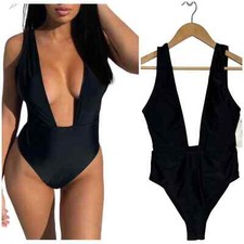 New Zaful Swimsuit Womens S High Cut Plunge Neck One Piece Sexy Black S picture