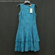 NWT Wmns MICHAEL KORS Teal Blue Sleeveless Lace Ruffle A-Line Dress Sz M picture