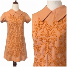 Vintage 60s Peach Embroidered Collar Mod Mini Dress picture