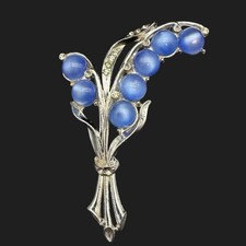Rare 1940s Brooch Moonglow Blue Lucite Rhinestone Floral Metal Enamel Vintage Co picture