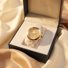 Vicence Italy Bold White Ceramic Chronograph Watch 14K Gold Bezel NIB picture