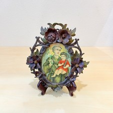 Antique French Carved Wood Oval Picture Frame Black Forest Floral Polychrome picture