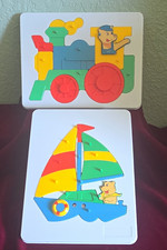 Vintage 1970s Plastic Peg Puzzles Set 2 Train Sailboat Bear Made in Hong Kong picture