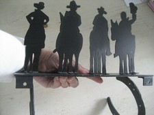 Vtg LG Black Wrought Iron COWBOY WALL SHELF Western HORSESHOE Hooks HANDMADE picture