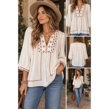 Anthropologie Current Air Top Size M Embroidered Boho Festival Neutral Ivory picture