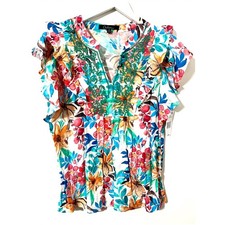 NWT CALESSA Blouse Women S Colorful Multi Floral Embroidered Ruffle Sleeve Boh picture