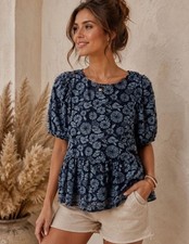 NWOT Anthropologie Dolan Floral Lace Puff Sleeve Peplum Top Blue Size L picture