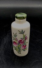 Antq Chinese Famille Rose Porcelain Snuff Bottle Jade Lid Peonies Qing Dynasty  picture