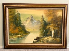 Vintage Signed Latour Mountain Lake Landscape Oil Painting Framed 24x36 picture