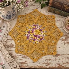 Vtg Hand Crochet Doily Mustard Gold Purple Floral Lace Octagonal 13” picture