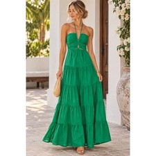 Seven Wonders Emerald Green Ruched Halter Tiered Maxi Dress XS Cutout Boho picture