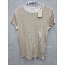 A New Day Women Short Sleeve Ribbed T-Shirt Beige White Crew Neck NWT Size M picture
