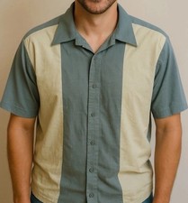 Mens XL Marc Edwards Linen Blend Green Yellow Color Block Bowling Shirt Hawaii picture
