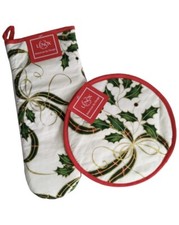 Lenox Nouveau Christmas Hot Pad Set - Holiday Holly Oven Mitt and Pot Holder picture