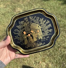 Vtg Elite Trays England Metal Tin Tray Black/Gold Chinoiserie Asian Garden (6) picture