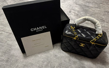 CHANEL BEAUTY Black Quilted Vanity Cosmetic Bag Gold Hardware Top Handl picture