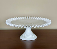 Vintage Fenton White Milk Glass Hobnail Cake Stand 12.5” Ruffled Pedestal picture