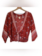 Boho Tie-Front Rusty Red Floral Kimono Top picture