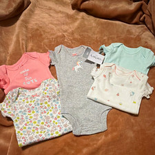 Carter's Newborn Girls 5-Pack Short Sleeve Cotton Knit Bodysuits Floral Unicorn picture
