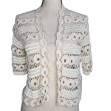 Chicos Open Front Cardigan Sweater Medium 1 Beige Knit Sequin Lovely Lucelle NWT picture