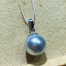 ELEGANT 9-10mm Round Gray Tahitian Pearl pendant 18K solid white gold picture