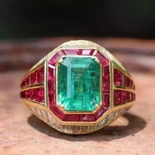 3.15Ct VVS1 Lab-Created Emerald & Ruby Men's Anniversary Ring 14K Yellow Gold FN picture