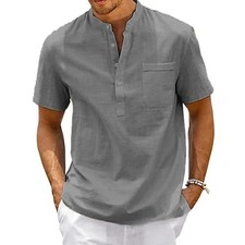 Cotton Linen Shirt Men Henley Neck Pocket Casual Beach Short Sleeve Solid Color  picture