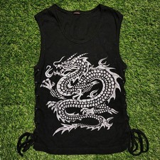 Y2k 2000s Vintage Dragon Graphic Glitter Print Sleeveless Lace-Up Side Tank Top picture