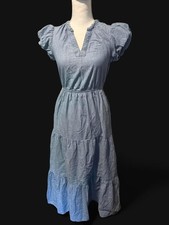 J.Crew Willa Chambray Midi Dress 0 TALL Blue Puff Sleeve Tiered Cotton picture