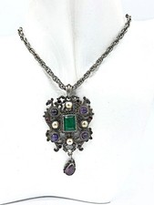Antique Austro-Hungarian 800 Silver Dragon Necklace w/ Amethyst Garnet & Pearls picture