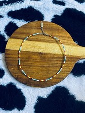 Western Seed Bead Necklace w/ Feather Charm. Adjustable. turq. pearl sunset picture